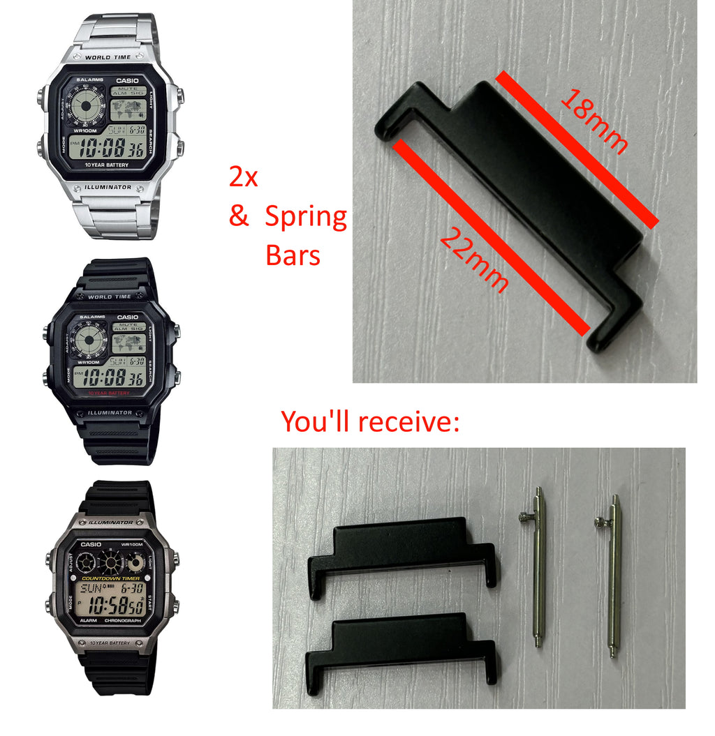 Casio AE1200 Lug Adapters | Strap Adaptors for NATO, Rubber & Leather Straps | Black & Silver
